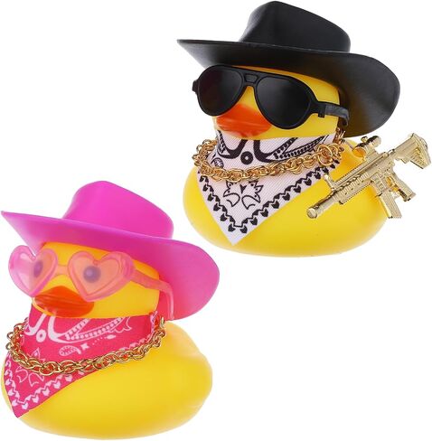 2Pcs Rubber Duck Car Ornaments, Dashboard Decoration Yellow Duck, Funny Rubber Ducks Car Accessories with Cowboy Hat Necklace Sunglasses Cool Prop for Dashboard Decorations in Saudi Arabia