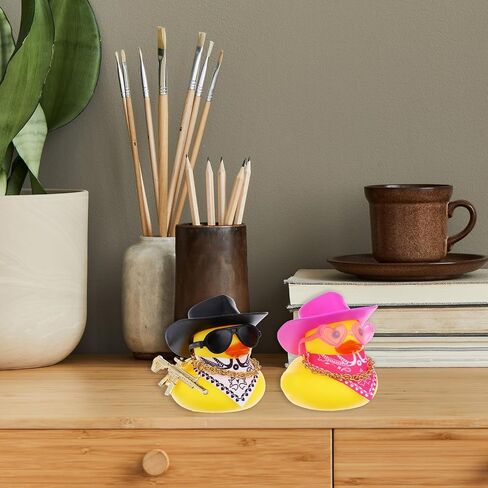 2Pcs Rubber Duck Car Ornaments, Dashboard Decoration Yellow Duck, Funny Rubber Ducks Car Accessories with Cowboy Hat Necklace Sunglasses Cool Prop for Dashboard Decorations in Saudi Arabia