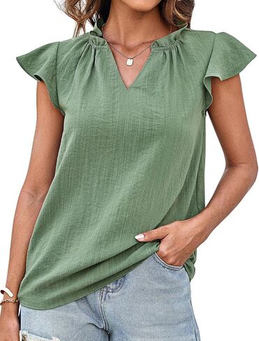 GRACE KARIN Women's 2025 Short Sleeve Summer Tops Casual Ruffle V Neck Dressy Ruched Trendy Blouse Shirts in Kuwait