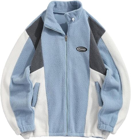 ZAFUL Men's Long Sleeve Zip Up Coat Faux Fur Ethnic Color Block Pullover Tops Pocket Drawstring Hem Oversized Outwear Jacket in Saudi Arabia