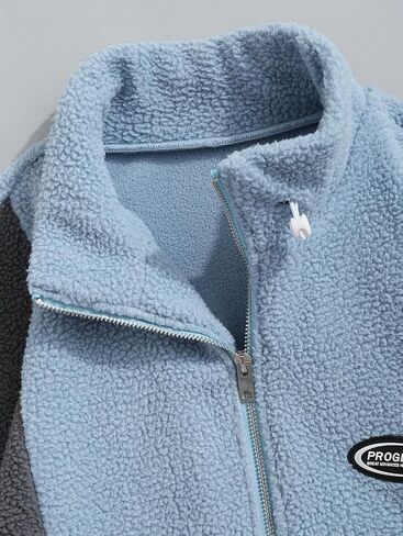 ZAFUL Men's Long Sleeve Zip Up Coat Faux Fur Ethnic Color Block Pullover Tops Pocket Drawstring Hem Oversized Outwear Jacket in Saudi Arabia