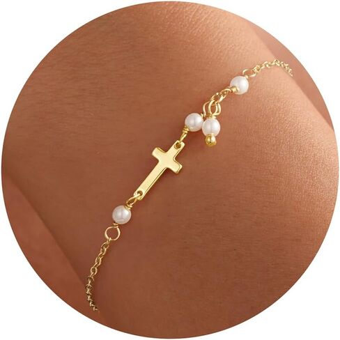 Turandoss Gold Cross Bracelets for Women - Dainty 14K Gold Plated Satellite Bead Cubic Zircon Pearl Holy Mary Medal Cross Bracelet Personalized Bracelets for Women Faith Jewelry First Communion Gifts in Saudi Arabia