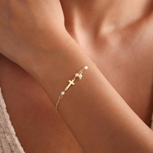 Turandoss Gold Cross Bracelets for Women - Dainty 14K Gold Plated Satellite Bead Cubic Zircon Pearl Holy Mary Medal Cross Bracelet Personalized Bracelets for Women Faith Jewelry First Communion Gifts in Saudi Arabia