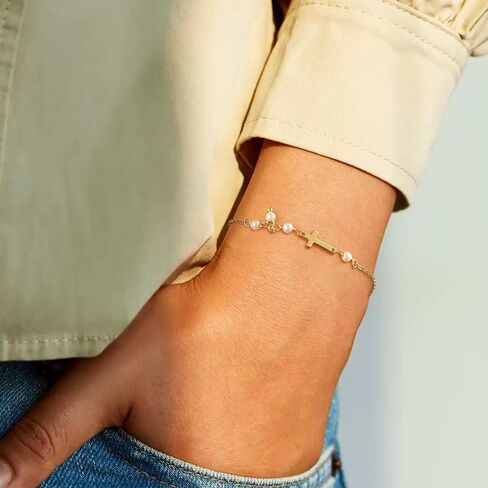 Turandoss Gold Cross Bracelets for Women - Dainty 14K Gold Plated Satellite Bead Cubic Zircon Pearl Holy Mary Medal Cross Bracelet Personalized Bracelets for Women Faith Jewelry First Communion Gifts in Saudi Arabia