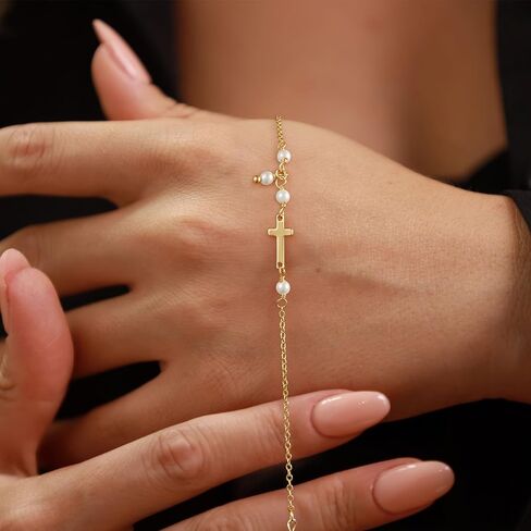 Turandoss Gold Cross Bracelets for Women - Dainty 14K Gold Plated Satellite Bead Cubic Zircon Pearl Holy Mary Medal Cross Bracelet Personalized Bracelets for Women Faith Jewelry First Communion Gifts in Saudi Arabia