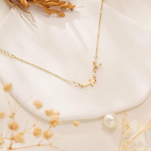 Turandoss Gold Cross Bracelets for Women - Dainty 14K Gold Plated Satellite Bead Cubic Zircon Pearl Holy Mary Medal Cross Bracelet Personalized Bracelets for Women Faith Jewelry First Communion Gifts in Saudi Arabia