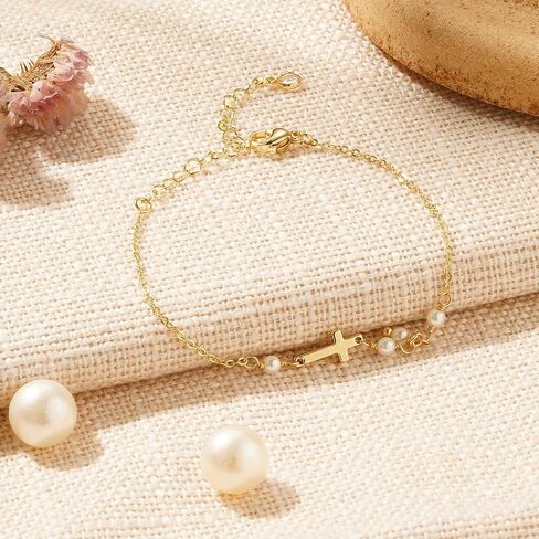 Turandoss Gold Cross Bracelets for Women - Dainty 14K Gold Plated Satellite Bead Cubic Zircon Pearl Holy Mary Medal Cross Bracelet Personalized Bracelets for Women Faith Jewelry First Communion Gifts in Saudi Arabia