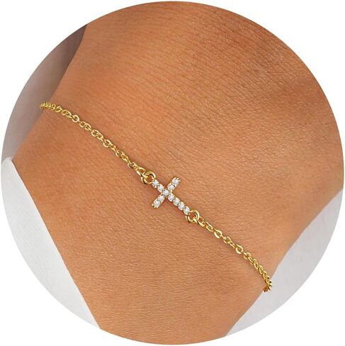 Turandoss Gold Cross Bracelets for Women - Dainty 14K Gold Plated Satellite Bead Cubic Zircon Pearl Holy Mary Medal Cross Bracelet Personalized Bracelets for Women Faith Jewelry First Communion Gifts in Saudi Arabia