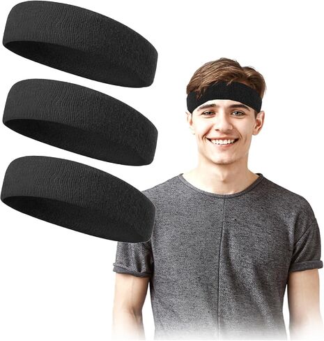 3 Pack Sweatbands Sports Headband for Men & Women - Moisture Wicking Athletic Cotton Terry Cloth Sweatband for Tennis, Basketball, Running, Gym, Working Out in Saudi Arabia