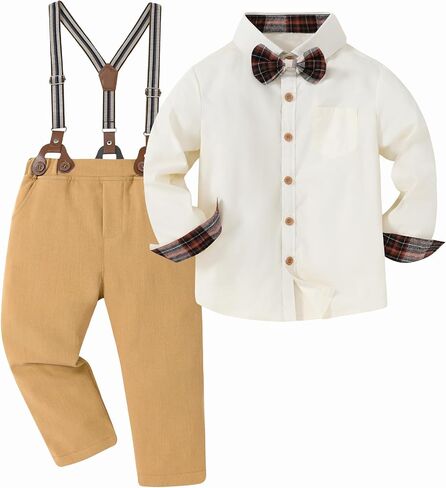 DISAUR Boy Formal Suits Wedding Outfit Long Sleeve Button Down Dress Shirt Bow Tie Suspender Pants Gentleman for 5-9 Years in Saudi Arabia