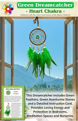 Green Dreamcatcher for Heart Chakra Healing. Uses Green Feathers and Green Aventurine Stones to Provide Protection and Nurturing Love in Bedrooms and Meditation Spaces - Dream Catchers with Color in Saudi Arabia