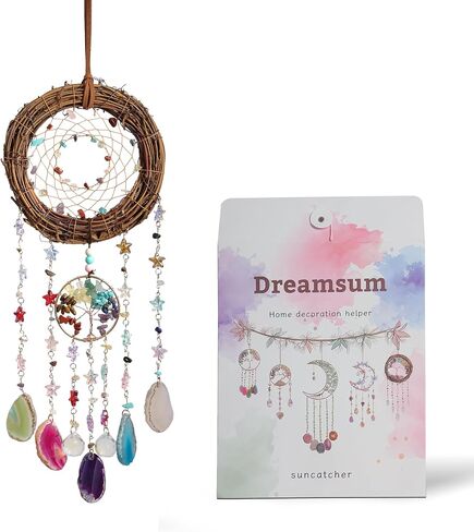 Handmade Natural Dream Catcher Hanging Home Decor at Livingroom Window and Garden, Unique Design with Rattan, Stones, Agate & Crystal - Ideal for Any Space & Gift Giving to Lovers Parents and Friends in Kuwait