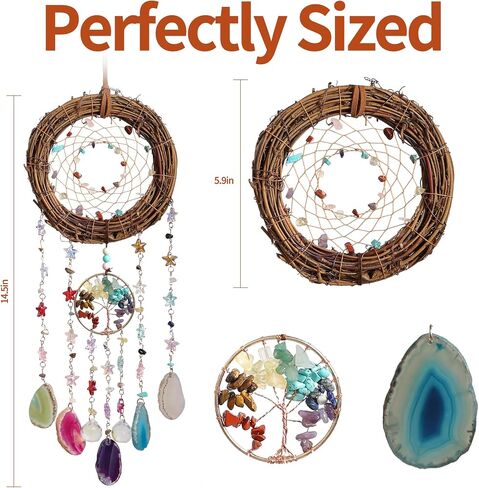 Handmade Natural Dream Catcher Hanging Home Decor at Livingroom Window and Garden, Unique Design with Rattan, Stones, Agate & Crystal - Ideal for Any Space & Gift Giving to Lovers Parents and Friends in Kuwait