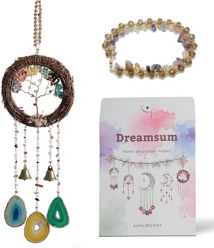 Handmade Natural Dream Catcher Hanging Home Decor at Livingroom Window and Garden, Unique Design with Rattan, Stones, Agate & Crystal - Ideal for Any Space & Gift Giving to Lovers Parents and Friends in Kuwait