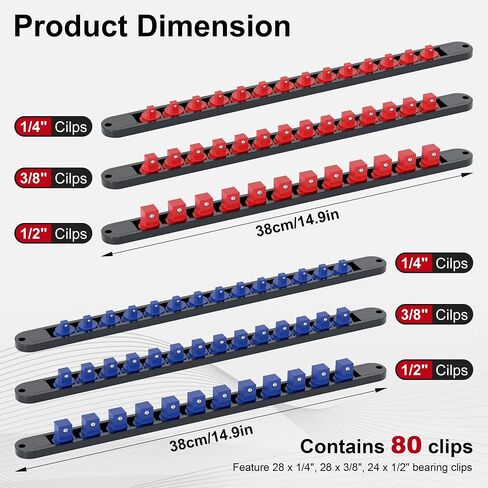 FIVEPEARS 6PCS 360° Socket Organizer Twist Lock,3/8 1/4 1/2 Socket Storage Rails, Premium Quality Socket Holders for Tool Box ，Tool Carts，Contains up to 80 Clips (Blue & Red) in Saudi Arabia