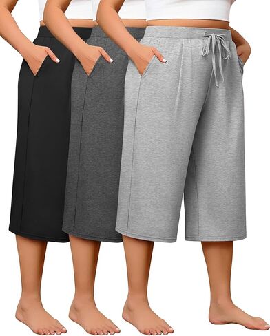Huukeay 3 Pack Women's Plus Size Capri Pants, Wide Leg Drawstring Elastic Waist Yoga Pants Loose Cropped Trouser with Pockets in Saudi Arabia
