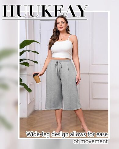 Huukeay 3 Pack Women's Plus Size Capri Pants, Wide Leg Drawstring Elastic Waist Yoga Pants Loose Cropped Trouser with Pockets in Saudi Arabia