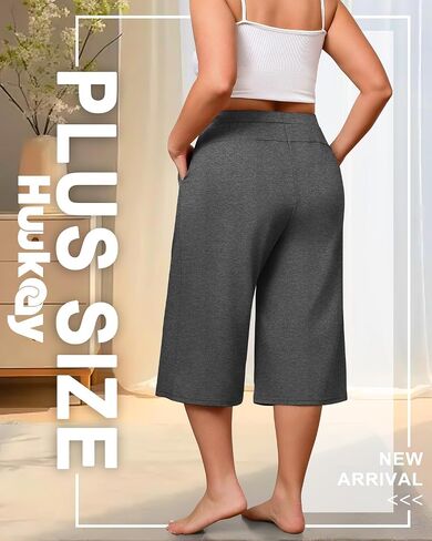 Huukeay 3 Pack Women's Plus Size Capri Pants, Wide Leg Drawstring Elastic Waist Yoga Pants Loose Cropped Trouser with Pockets in Saudi Arabia