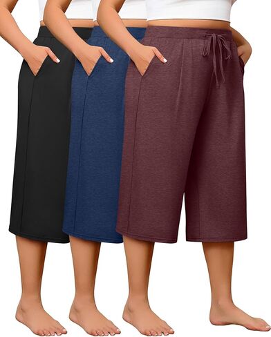 Huukeay 3 Pack Women's Plus Size Capri Pants, Wide Leg Drawstring Elastic Waist Yoga Pants Loose Cropped Trouser with Pockets in Saudi Arabia