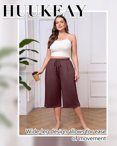 Huukeay 3 Pack Women's Plus Size Capri Pants, Wide Leg Drawstring Elastic Waist Yoga Pants Loose Cropped Trouser with Pockets in Saudi Arabia