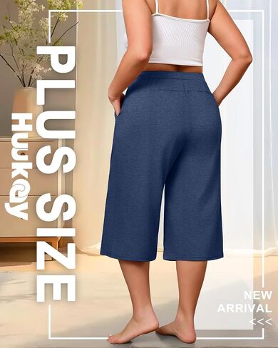 Huukeay 3 Pack Women's Plus Size Capri Pants, Wide Leg Drawstring Elastic Waist Yoga Pants Loose Cropped Trouser with Pockets in Saudi Arabia