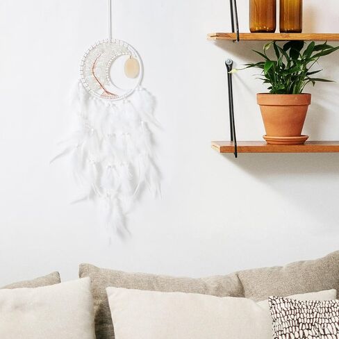 Dreamlike Moon Dream Catchers Wall Decor Crescent Tree of Life Chakras Dream Catcher with Agate & Crystal Stone Handmade Rose-Red Feather Dreamcatchers Wall Hanging for Girls Bedroom Blessing Gift in Saudi Arabia