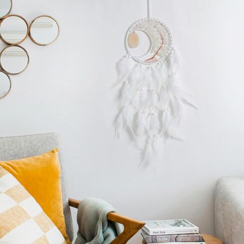 Dreamlike Moon Dream Catchers Wall Decor Crescent Tree of Life Chakras Dream Catcher with Agate & Crystal Stone Handmade Rose-Red Feather Dreamcatchers Wall Hanging for Girls Bedroom Blessing Gift in Saudi Arabia