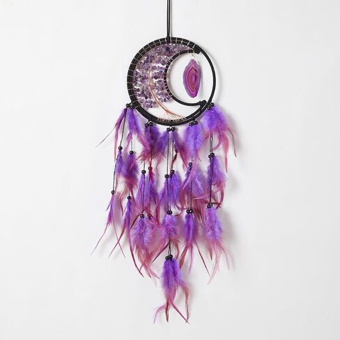 Dreamlike Moon Dream Catchers Wall Decor Crescent Tree of Life Chakras Dream Catcher with Agate & Crystal Stone Handmade Rose-Red Feather Dreamcatchers Wall Hanging for Girls Bedroom Blessing Gift in Saudi Arabia