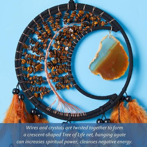 الحلم القمر الحلم الصيادون جدار ديكور الهلال شجرة الحياة شاكراس حلم الماسك مع العقيق والكريستال الحجر المصنوع يدويا ريش الحلم الحلم الجدار معلق للبنات غرفة نوم البركة هدية in Kuwait