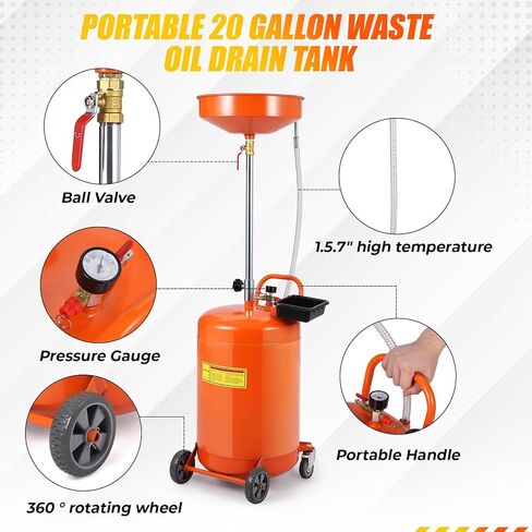 20 Gallon Waste Oil Drain Change Tank, Portable Oil Drain Container,Air Operated Fluid Drain Disposal Waste Oil Drain Change Tank with 15" Funnel Adjustable Height 38-65",with 360° Wheels & Toolbox in Kuwait