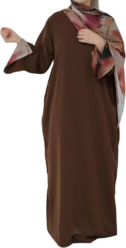 Hanimeli Women's Modest Maxi Dress with Watercolor Pattern Hijab Long Bell Sleeves Nida Fabric Trendy Abaya Casual Ramadan in Saudi Arabia
