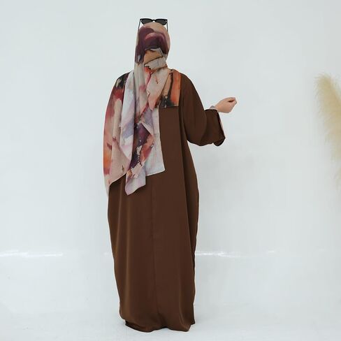 Hanimeli Women's Modest Maxi Dress with Watercolor Pattern Hijab Long Bell Sleeves Nida Fabric Trendy Abaya Casual Ramadan in Saudi Arabia