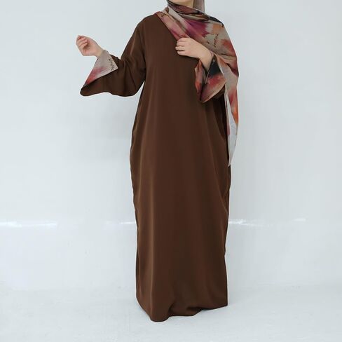 Hanimeli Women's Modest Maxi Dress with Watercolor Pattern Hijab Long Bell Sleeves Nida Fabric Trendy Abaya Casual Ramadan in Saudi Arabia