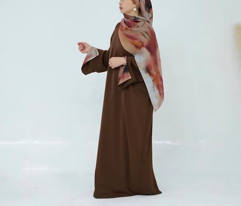 Hanimeli Women's Modest Maxi Dress with Watercolor Pattern Hijab Long Bell Sleeves Nida Fabric Trendy Abaya Casual Ramadan in Saudi Arabia