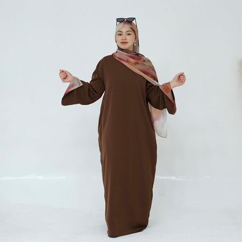 Hanimeli Women's Modest Maxi Dress with Watercolor Pattern Hijab Long Bell Sleeves Nida Fabric Trendy Abaya Casual Ramadan in Saudi Arabia