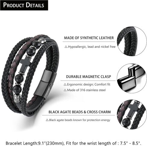 Men's Leather & Stone Cross Bracelet - Christian Religious Jewelry for Men (Lapis/Onyx/Turquoise/Tiger Eye), Braided Design with Alloy Clasp, 8.3" & 9.1" Sizes in Kuwait