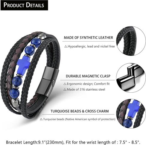 Men's Leather & Stone Cross Bracelet - Christian Religious Jewelry for Men (Lapis/Onyx/Turquoise/Tiger Eye), Braided Design with Alloy Clasp, 8.3" & 9.1" Sizes in Kuwait