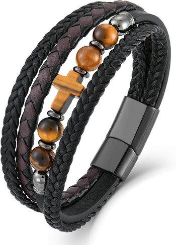 Men's Leather & Stone Cross Bracelet - Christian Religious Jewelry for Men (Lapis/Onyx/Turquoise/Tiger Eye), Braided Design with Alloy Clasp, 8.3" & 9.1" Sizes in Kuwait
