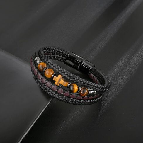 Men's Leather & Stone Cross Bracelet - Christian Religious Jewelry for Men (Lapis/Onyx/Turquoise/Tiger Eye), Braided Design with Alloy Clasp, 8.3" & 9.1" Sizes in Kuwait