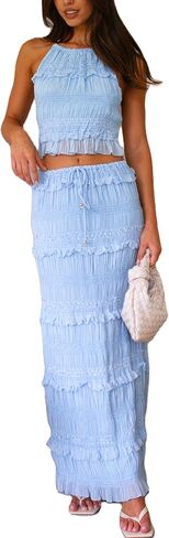 Two Piece Maxi Skirt Sets for Women Summer Ruffle Long Skirt and Tank Top Y2k 2 Piece Set Cocktail Vacation Outfits in Kuwait