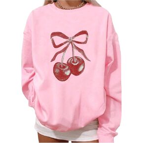 WDIRARA Girl's Cherry Sweatshirt Bow Graphic Pullovers Crewneck Long Sleeve Oversized Top