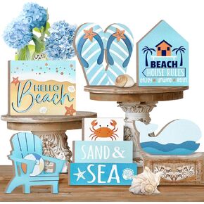 Summer Tiered Tray Decor, Hello Beach Blue Tray Decorations, Coastal Chair Whale Crab Flip Flops House Wooden Signs, Rustic Summer Sea Ocean Farmhouse Decor for Home Table Shelf Mantel