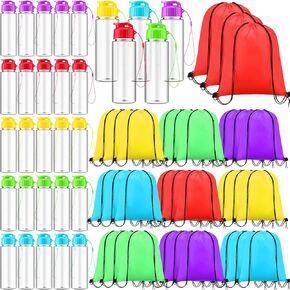 60 Pieces 17 oz Plastic Water Bottles Bulk and Drawstring Backpack Set 30 Reusable Plastic Biking Water Bottle 30 Sport Gym Goodie Gift Bag for Summer School Gym Travel