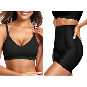 Vertvie Seamless Bra(Black,M)+Shapewear Shorts(Black,M)