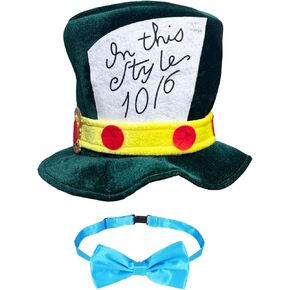 Green Mad Hatter Costume Set - 1 Hat and Blue Tie, 2 Pc Set for Adults
