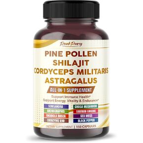 حبوب اللقاح Premium All-in-1 Pine ، Shilajit ، Cordyceps & Astragalus-تدعم صحة المناعة والطاقة والتحمل الطبيعي-المصنوع في الولايات المتحدة الأمريكية-150 كبسولة