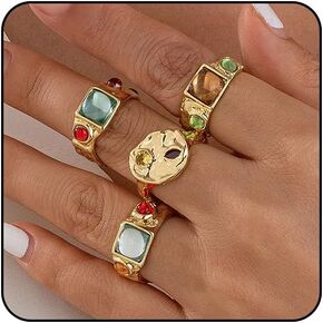 Gemstone Gold Rings for Women Non Tarnish Chunky Silver Stackable Rings for Women Adjustable Trendy Dainty Thick Chunky Jewelry