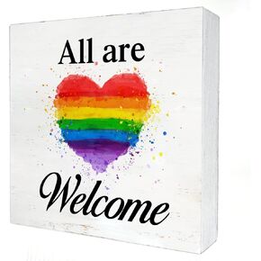All are Welcome Wooden Box Sign Desk Decor 5 x 5 Inch Diversity Box Sign Wood Plaque Block Sign Pride Rainbow Home Office Classroom Decor