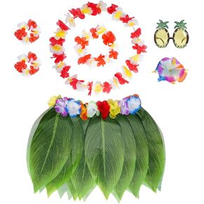 7 Pcs Hula Outfits Hawaiian Flowers Leaf Skirts for Women Dress Outfits Tropical Grass Skirts for Beach Party Favors