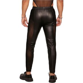 Floerns Men's Contrast Mesh Skinny Pants Elastic Waist Leather Party Rave Tight Pants